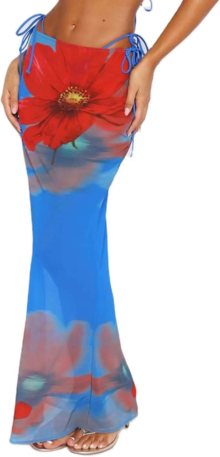 Women's Y2K Sheer Lace Skirt Floral Mesh Long Maxi Skirts Cover Up See-Through Beach Skirts Flowy Tulle Skirts