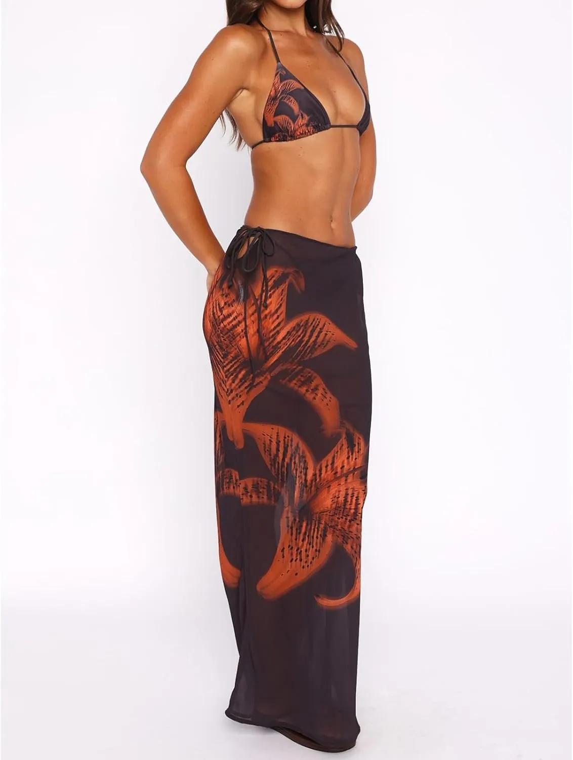 Women's Y2K Sheer Lace Skirt Floral Mesh Long Maxi Skirts Cover Up See-Through Beach Skirts Flowy Tulle Skirts