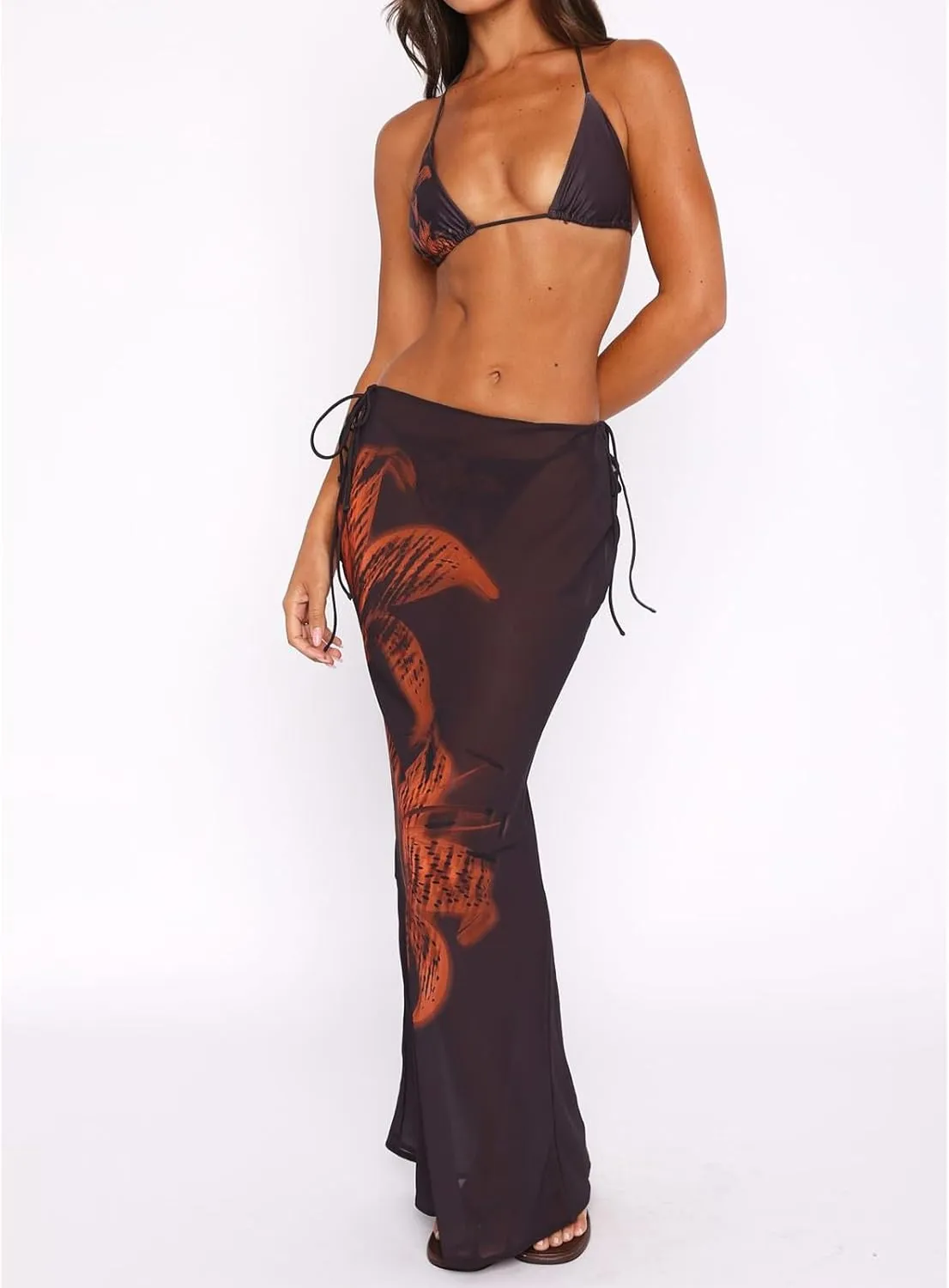Women's Y2K Sheer Lace Skirt Floral Mesh Long Maxi Skirts Cover Up See-Through Beach Skirts Flowy Tulle Skirts