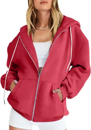 Women's Zipper Open Front Hoodies Fall Fashion 2023 Casual Solid Long Sleeve Pocket Jacket Coats Y2K Winter Clothes