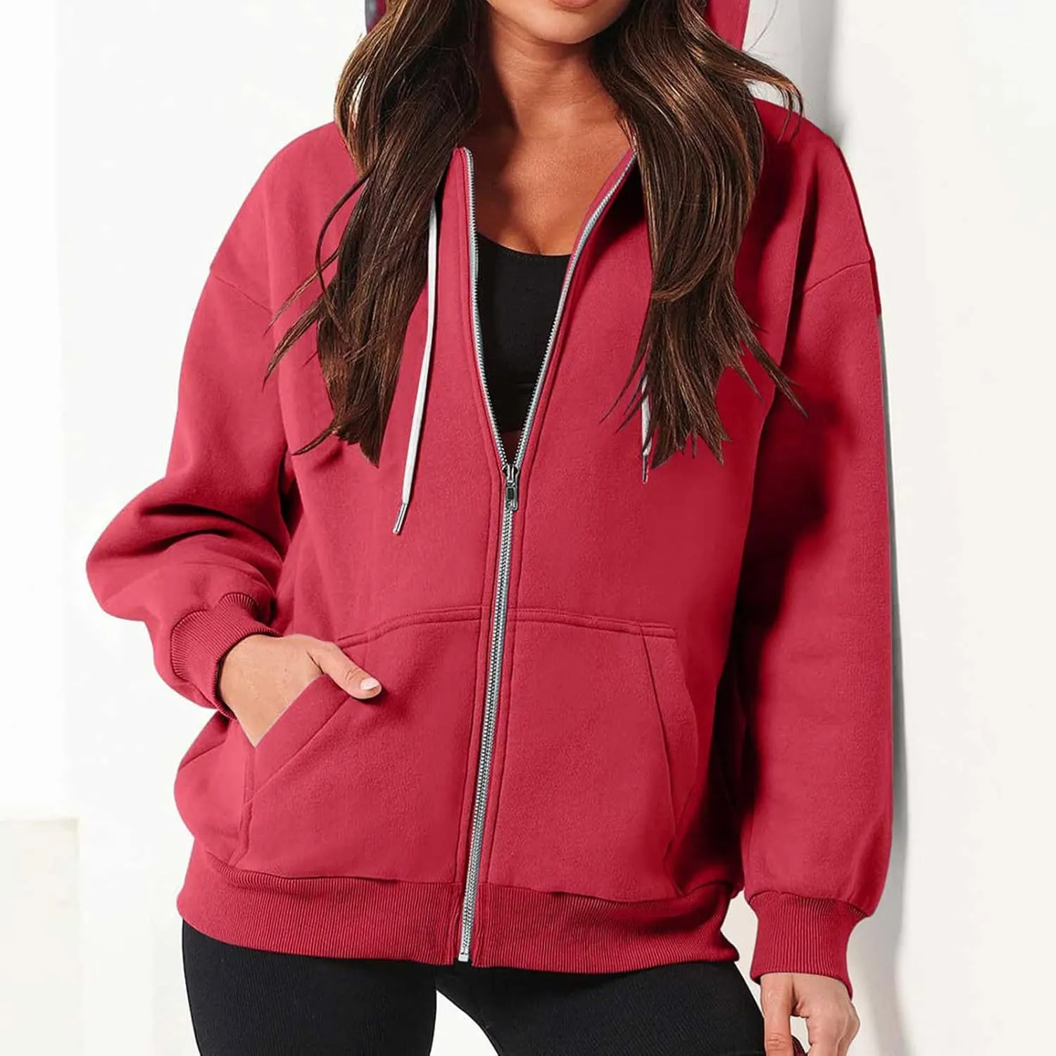 Women's Zipper Open Front Hoodies Fall Fashion 2023 Casual Solid Long Sleeve Pocket Jacket Coats Y2K Winter Clothes