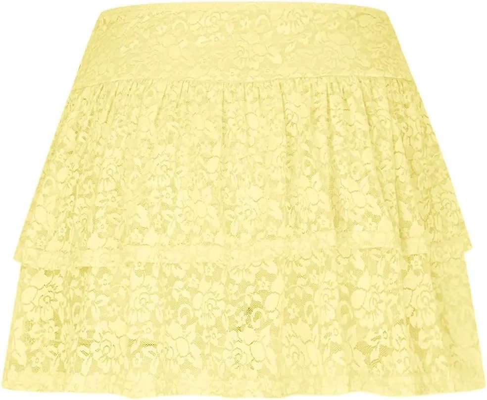 Y2K Lace Mini Skirt for Women Pleated Layered Flowy Skirt Sexy Lace High Waisted Ruffles Lingerie Short Skirts