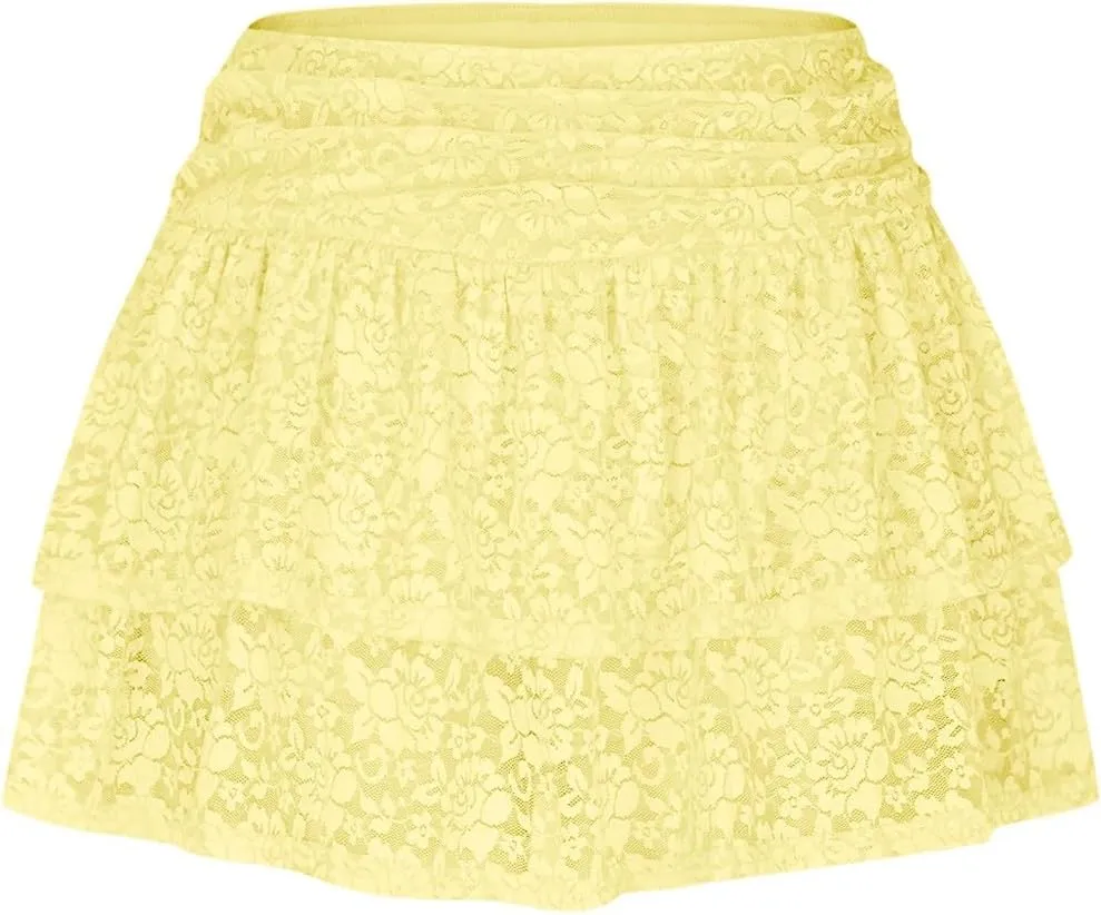 Y2K Lace Mini Skirt for Women Pleated Layered Flowy Skirt Sexy Lace High Waisted Ruffles Lingerie Short Skirts