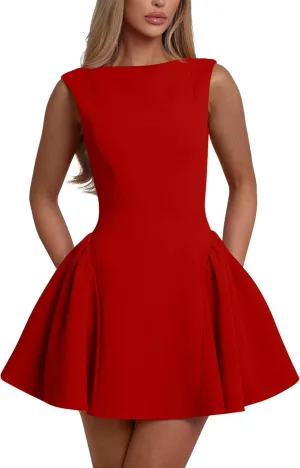 YMDUCH Women's Summer Sleeveless Crew Neck Backless A-line Mini Party Prom Dress