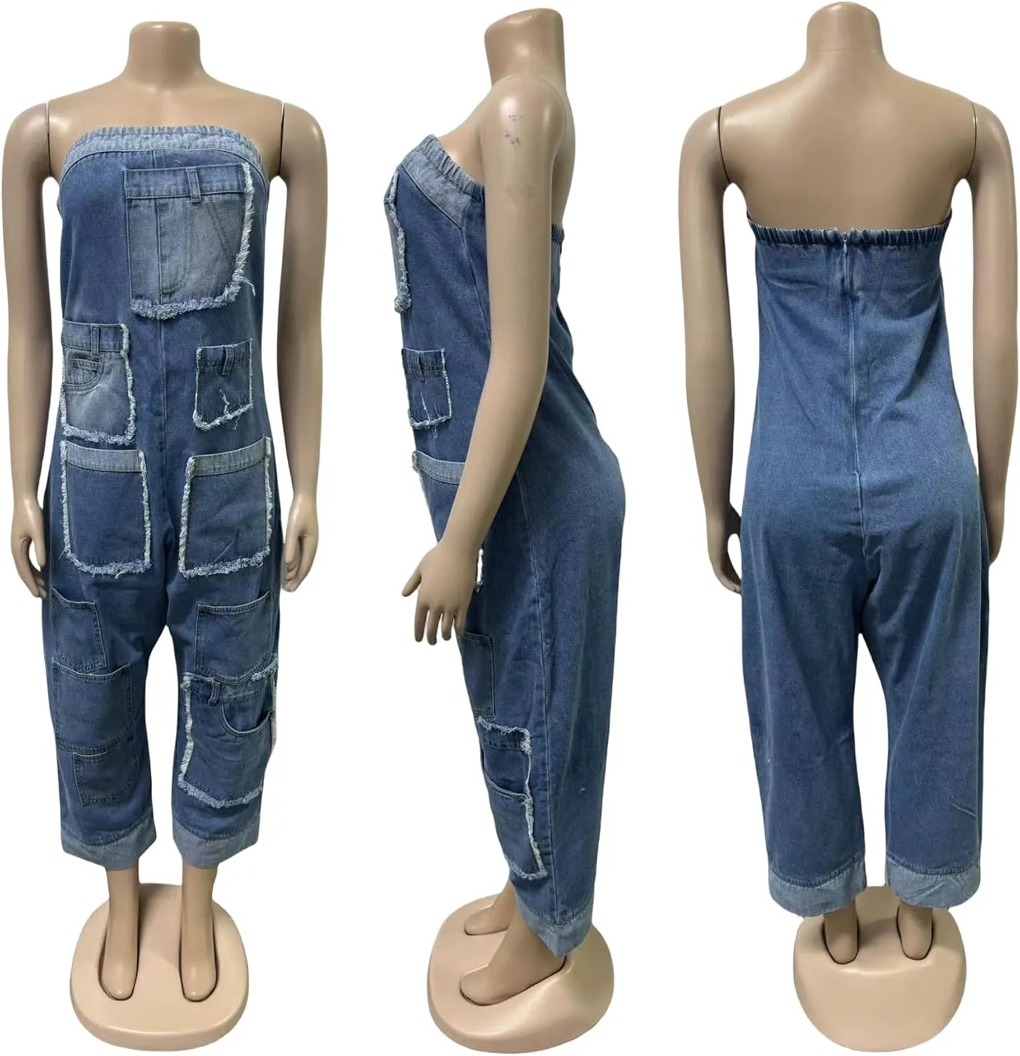 YOOTIKO Women Denim Strapless Jumpsuit Tube Top Wide Leg Harem Pants Ripped Cargo Summer Jean Romper