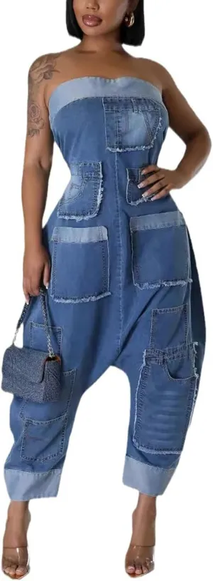 YOOTIKO Women Denim Strapless Jumpsuit Tube Top Wide Leg Harem Pants Ripped Cargo Summer Jean Romper