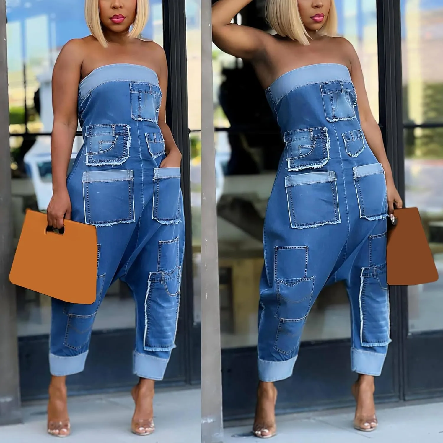 YOOTIKO Women Denim Strapless Jumpsuit Tube Top Wide Leg Harem Pants Ripped Cargo Summer Jean Romper