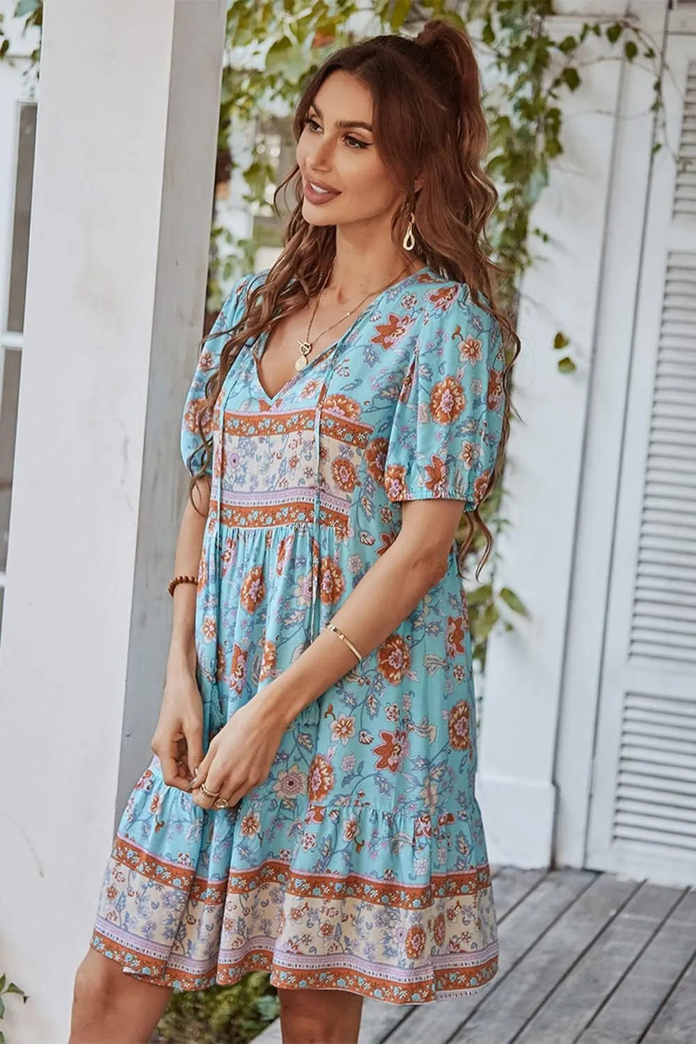 YOXUA Women's Short Sleeve Boho Floral Print Mini Dress Loose Swing V Neck Ruffle Sundress