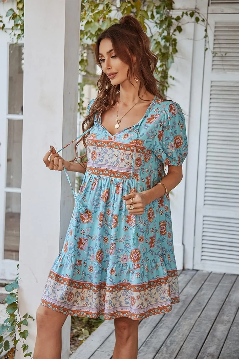 YOXUA Women's Short Sleeve Boho Floral Print Mini Dress Loose Swing V Neck Ruffle Sundress