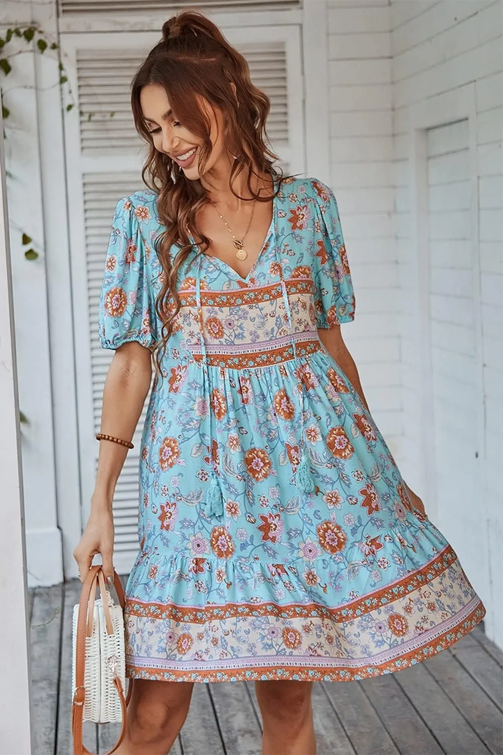 YOXUA Women's Short Sleeve Boho Floral Print Mini Dress Loose Swing V Neck Ruffle Sundress