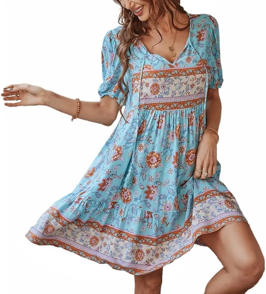 YOXUA Women's Short Sleeve Boho Floral Print Mini Dress Loose Swing V Neck Ruffle Sundress