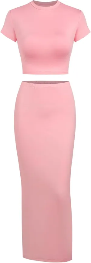 ZAFUL Women's Two Piece Skirt Set for Women Y2K Outfits Short Sleeve Crop Tops Bodycon High Waist Long Maxi Skirts