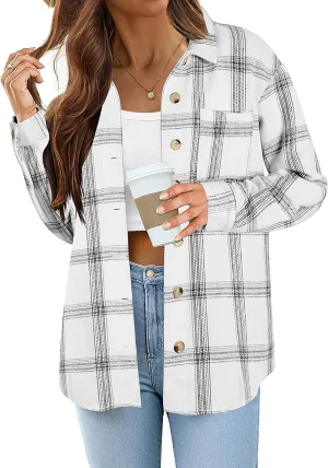 Zeagoo Flannel Plaid Shirts for Women Shacket Jacket Fall Fashion Button Down Long Sleeve Blouses Black White