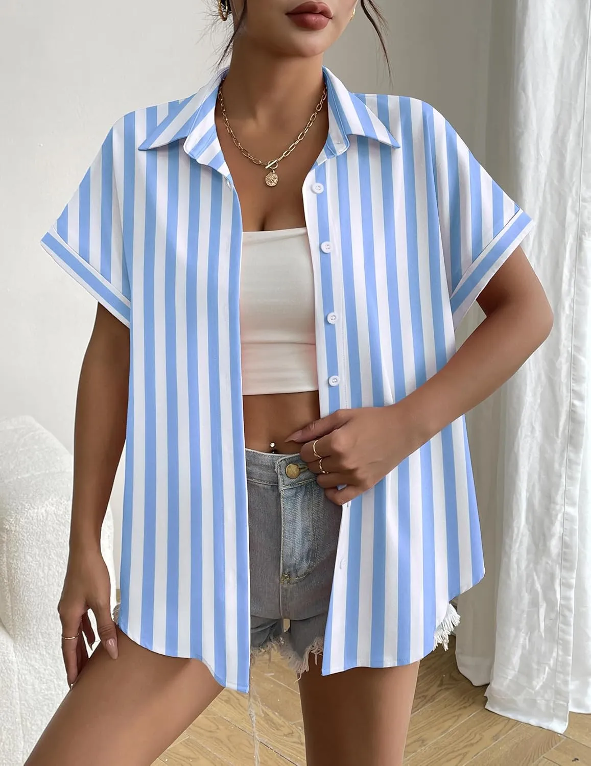 Zeagoo Short Sleeve Summer Tops for Women Casual Button Down Shirts Solid/Striped Business Work Blouses