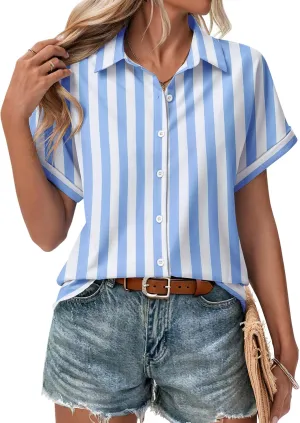 Zeagoo Short Sleeve Summer Tops for Women Casual Button Down Shirts Solid/Striped Business Work Blouses