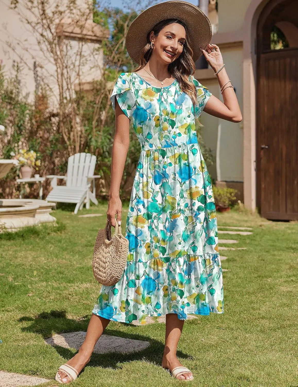 Zeagoo Women Summer Midi A Line Dress Short Sleeve Casual Flowy Tiered Beach Long Sundress with Pockets 2025 Vacation Travel