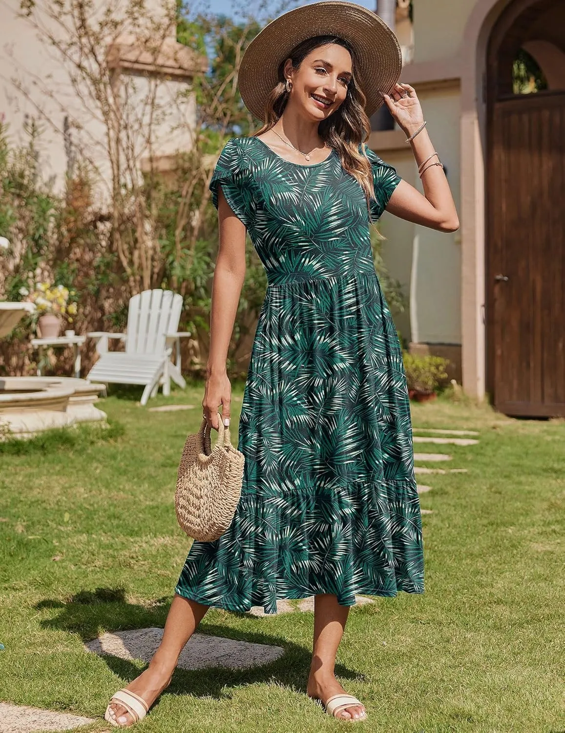 Zeagoo Women Summer Midi A Line Dress Short Sleeve Casual Flowy Tiered Beach Long Sundress with Pockets 2025 Vacation Travel