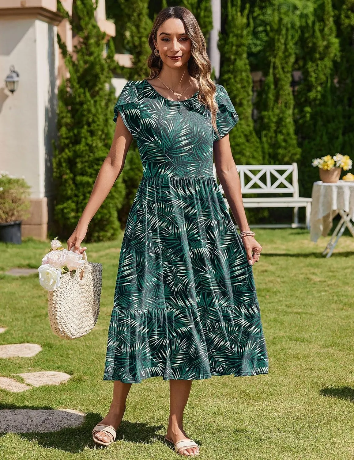 Zeagoo Women Summer Midi A Line Dress Short Sleeve Casual Flowy Tiered Beach Long Sundress with Pockets 2025 Vacation Travel