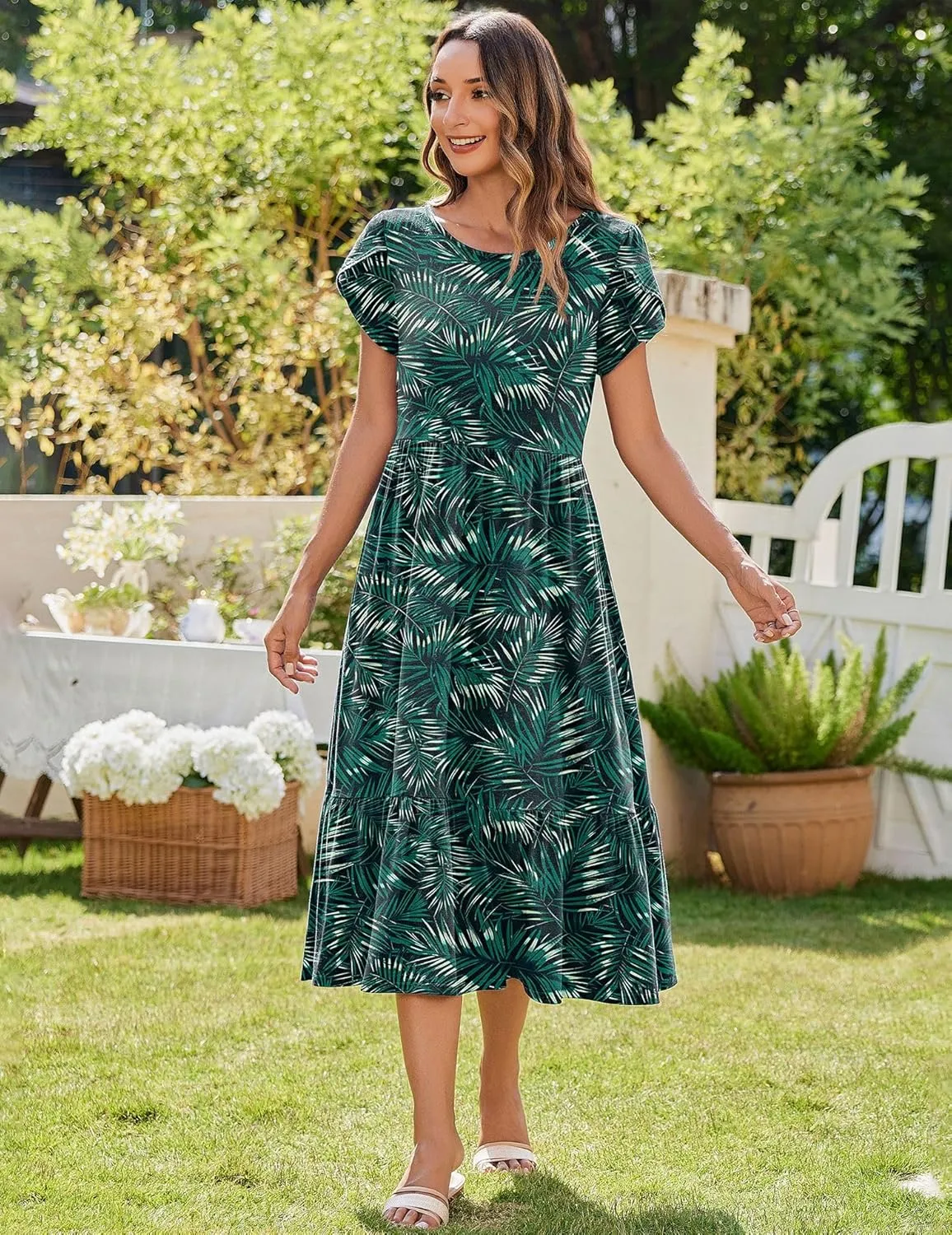 Zeagoo Women Summer Midi A Line Dress Short Sleeve Casual Flowy Tiered Beach Long Sundress with Pockets 2025 Vacation Travel