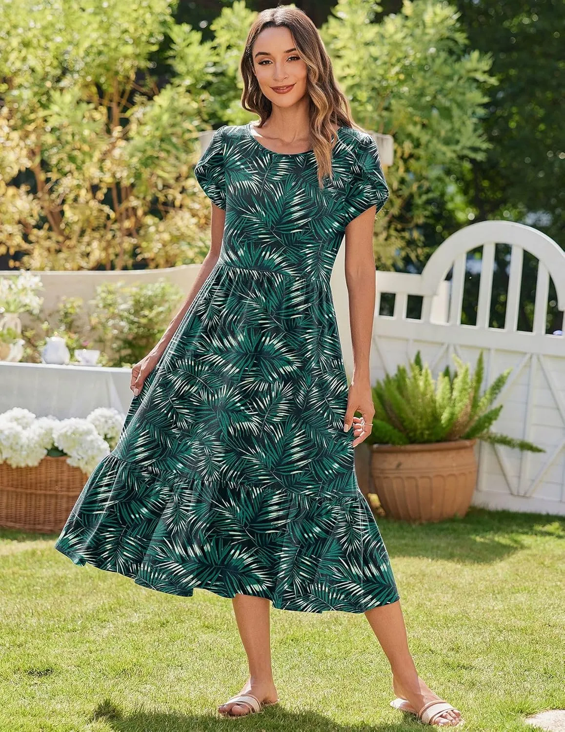 Zeagoo Women Summer Midi A Line Dress Short Sleeve Casual Flowy Tiered Beach Long Sundress with Pockets 2025 Vacation Travel