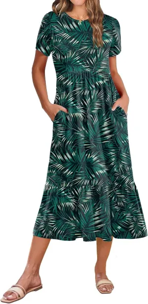 Zeagoo Women Summer Midi A Line Dress Short Sleeve Casual Flowy Tiered Beach Long Sundress with Pockets 2025 Vacation Travel
