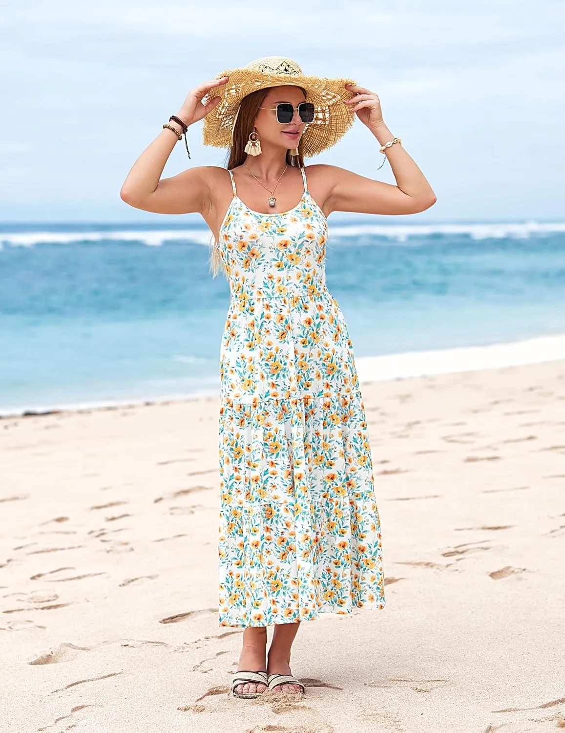 Zeagoo Womens Summer Long Dress Adjustable Spaghetti Strap Floral Casual Dress with Pockets Flowy Tiered Beach Sundress