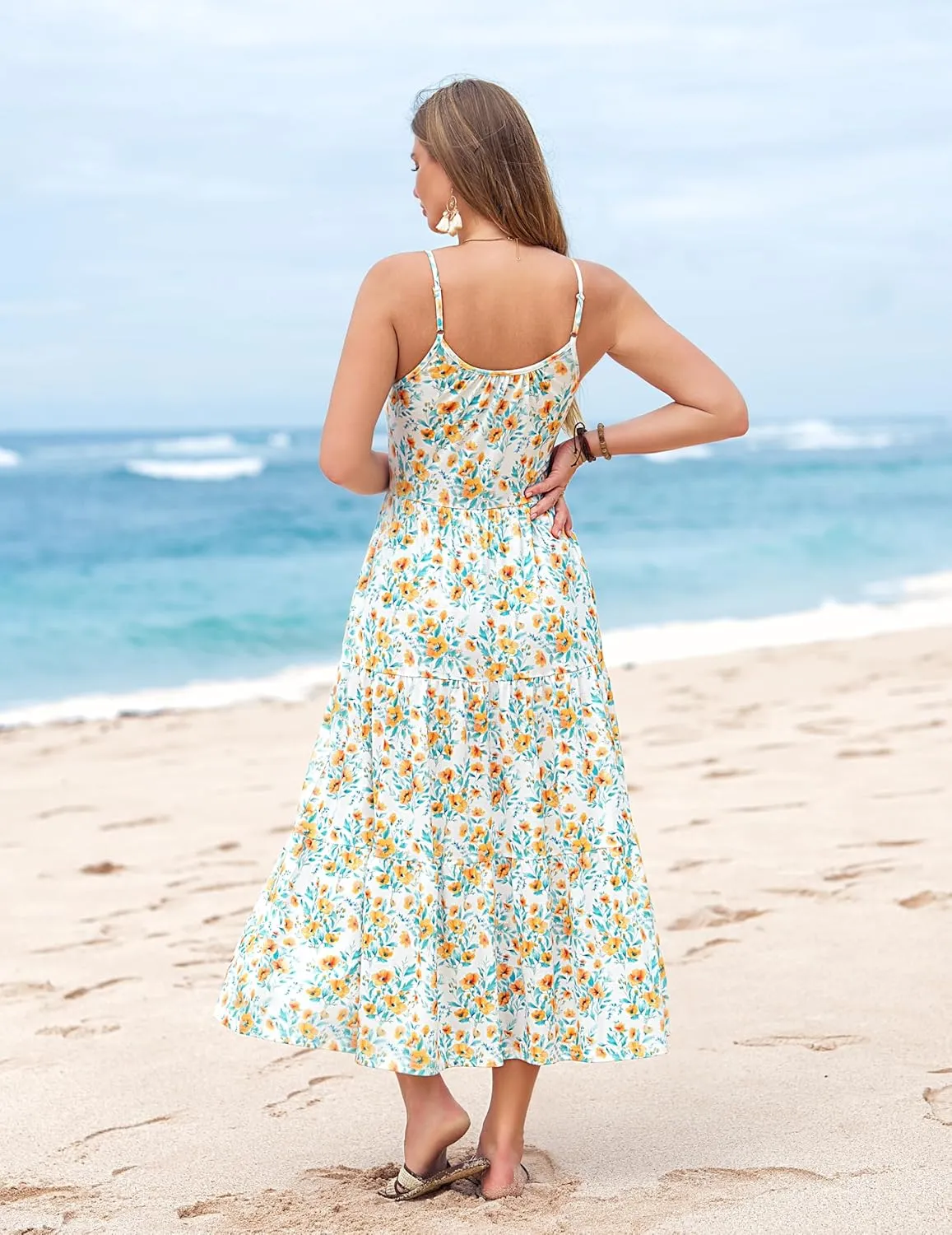 Zeagoo Womens Summer Long Dress Adjustable Spaghetti Strap Floral Casual Dress with Pockets Flowy Tiered Beach Sundress