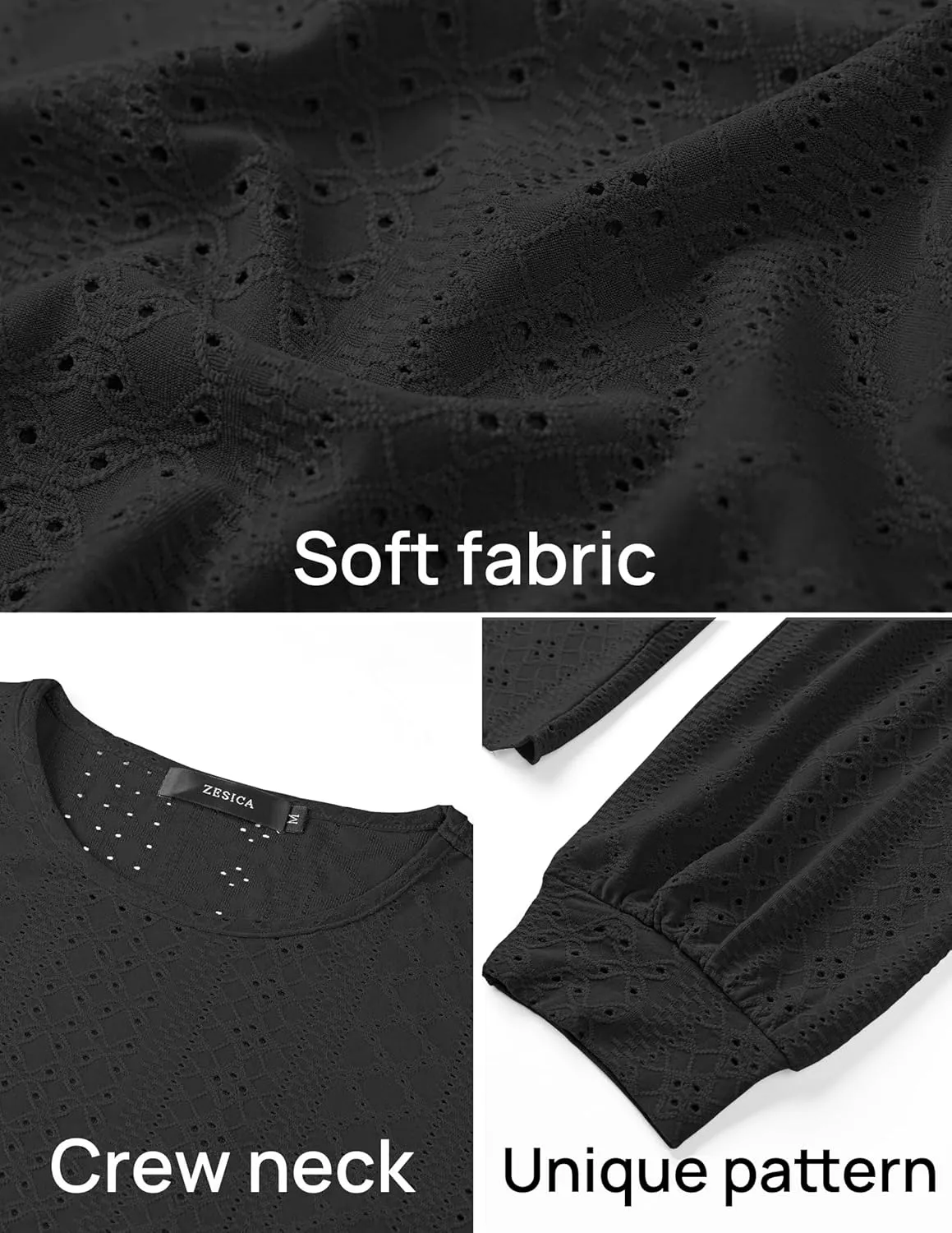 ZESICA Long Sleeve Eyelet Tops for Womens Crew Neck Fall Shirts Casual Loose Blouses 2025 Trendy Clothes