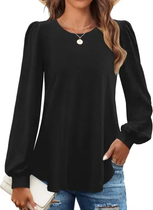 ZESICA Long Sleeve Eyelet Tops for Womens Crew Neck Fall Shirts Casual Loose Blouses 2025 Trendy Clothes