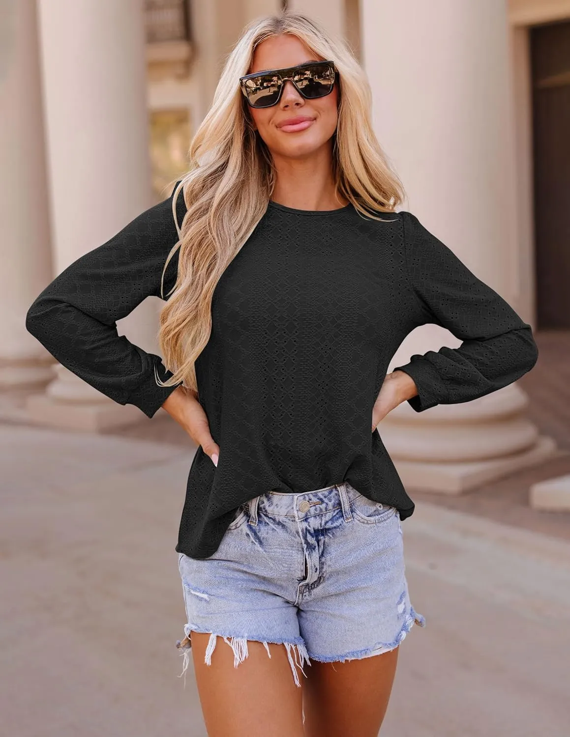 ZESICA Long Sleeve Eyelet Tops for Womens Crew Neck Fall Shirts Casual Loose Blouses 2025 Trendy Clothes