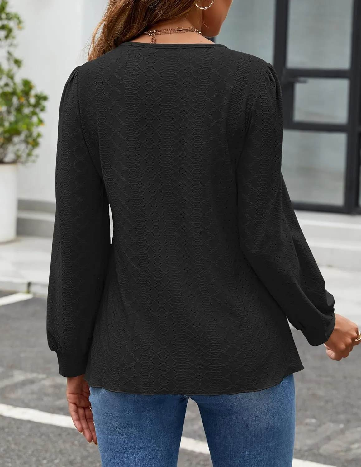 ZESICA Long Sleeve Eyelet Tops for Womens Crew Neck Fall Shirts Casual Loose Blouses 2025 Trendy Clothes