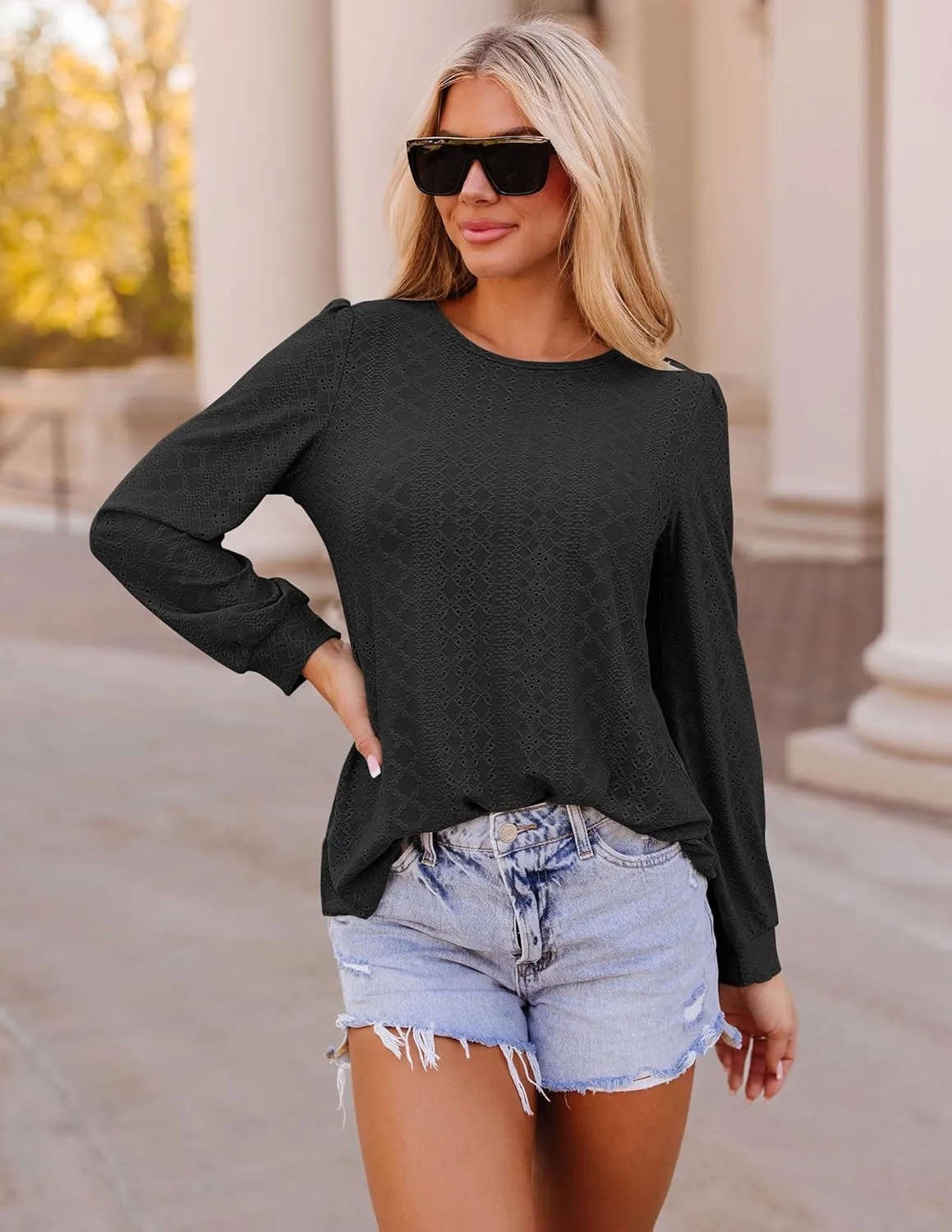 ZESICA Long Sleeve Eyelet Tops for Womens Crew Neck Fall Shirts Casual Loose Blouses 2025 Trendy Clothes