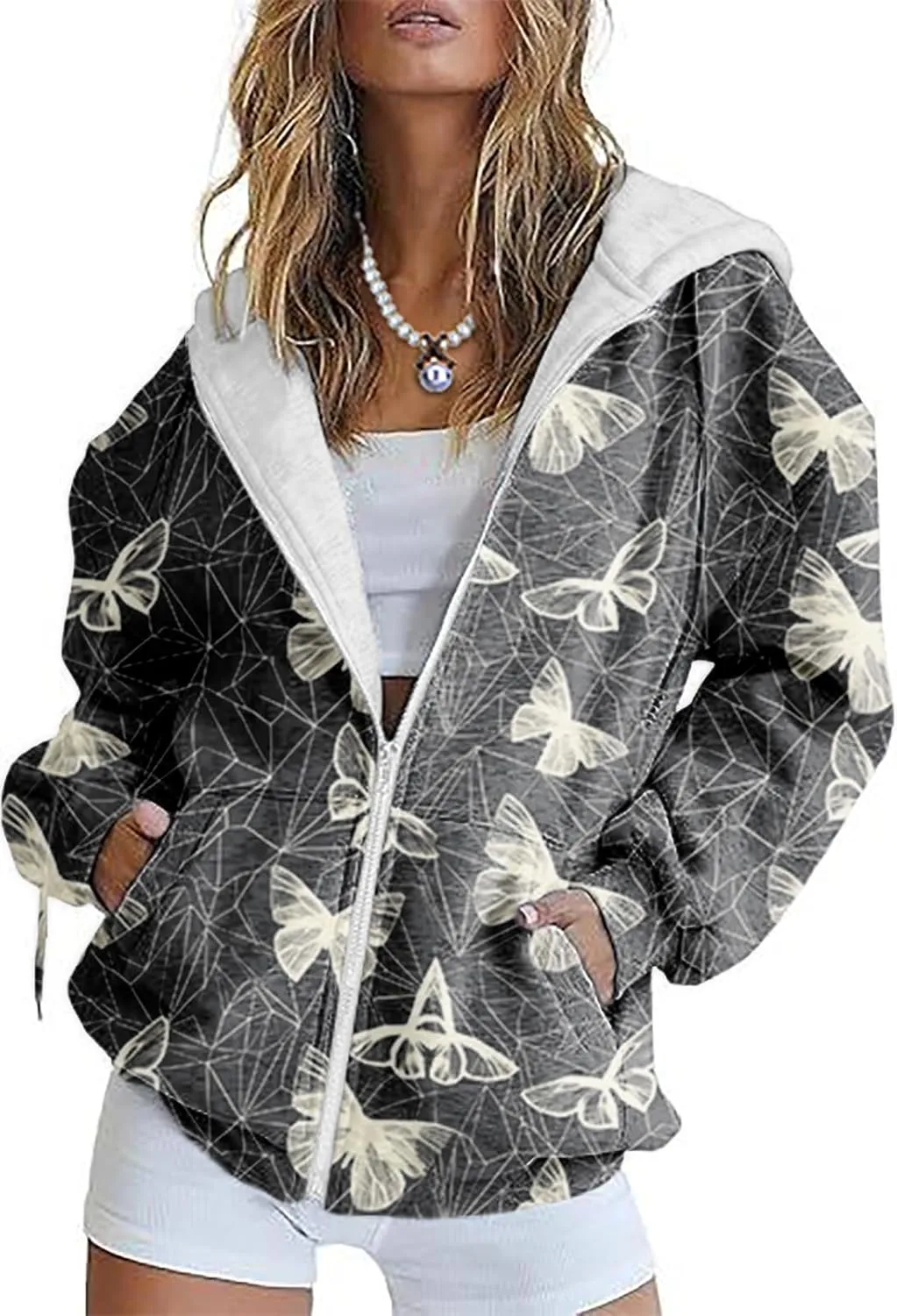 Zip Up Hoodie Women Butterfly Graphic Hoodies Long Sleeve Oversized Y2K Sweatshirts Cute jackets Plus Size for Girls
