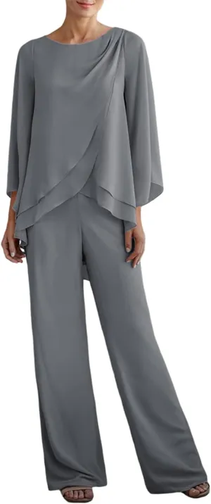 Zongqiven Women's Chiffon 2 Pcs Mother of the Bride Pant Suits Asymmetrical Hem Tops and Pants Wedding Party Prom Outfit