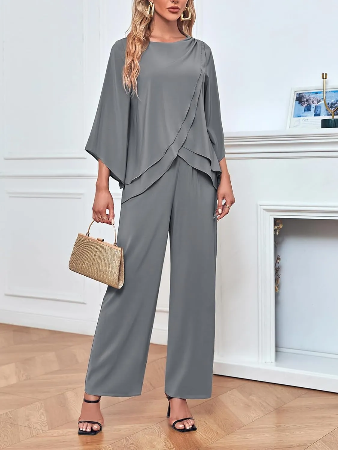 Zongqiven Women's Chiffon 2 Pcs Mother of the Bride Pant Suits Asymmetrical Hem Tops and Pants Wedding Party Prom Outfit