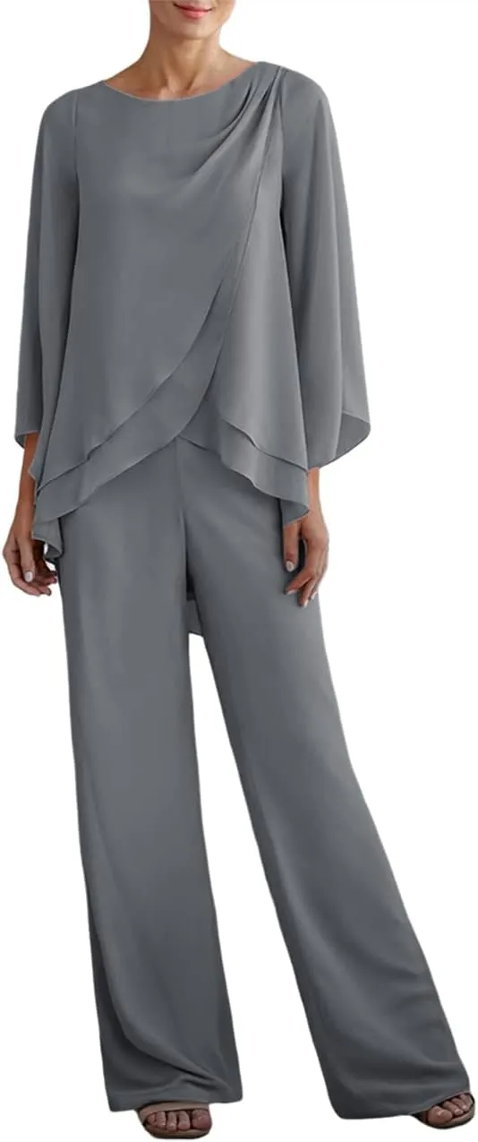 Zongqiven Women's Chiffon 2 Pcs Mother of the Bride Pant Suits Asymmetrical Hem Tops and Pants Wedding Party Prom Outfit