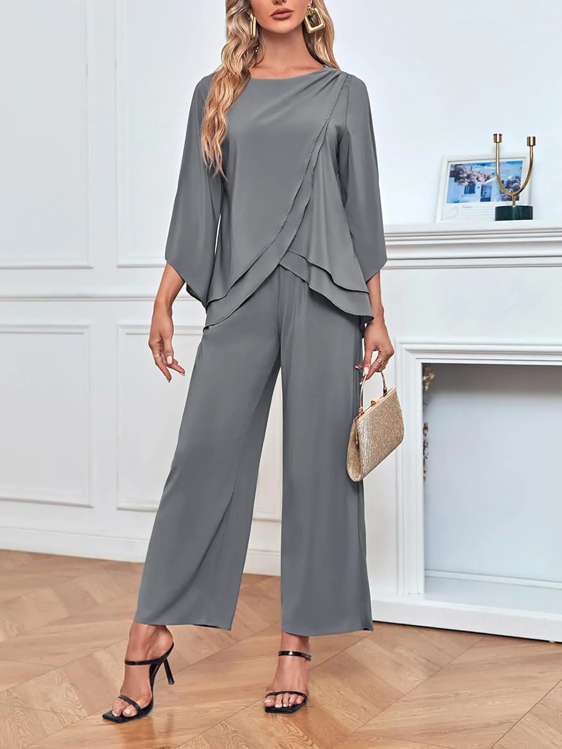 Zongqiven Women's Chiffon 2 Pcs Mother of the Bride Pant Suits Asymmetrical Hem Tops and Pants Wedding Party Prom Outfit