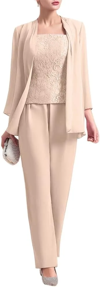 Zongqiven Women's Chiffon 3 Pcs Pants Suits Lace Mother of Bride Dress Sets Wedding Guest Formal Evening