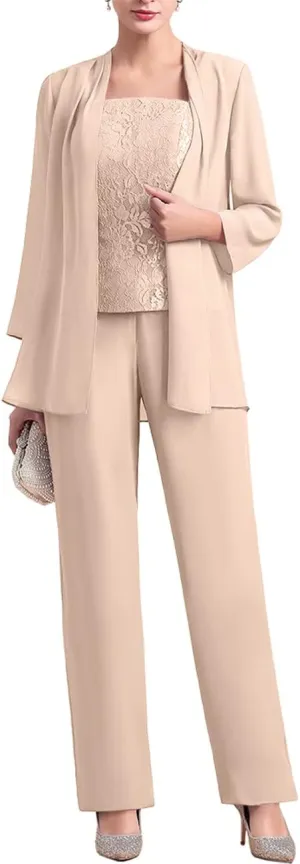 Zongqiven Women's Chiffon 3 Pcs Pants Suits Lace Mother of Bride Dress Sets Wedding Guest Formal Evening