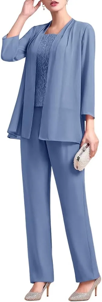 Zongqiven Women's Chiffon 3 Pcs Pants Suits Lace Mother of Bride Dress Sets Wedding Guest Formal Evening