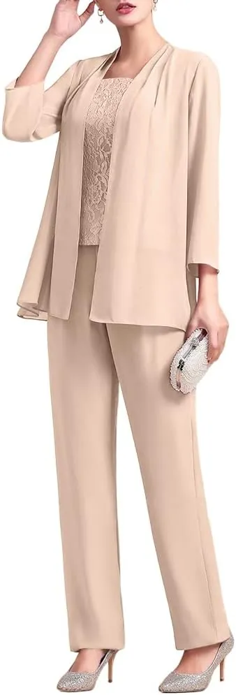 Zongqiven Women's Chiffon 3 Pcs Pants Suits Lace Mother of Bride Dress Sets Wedding Guest Formal Evening