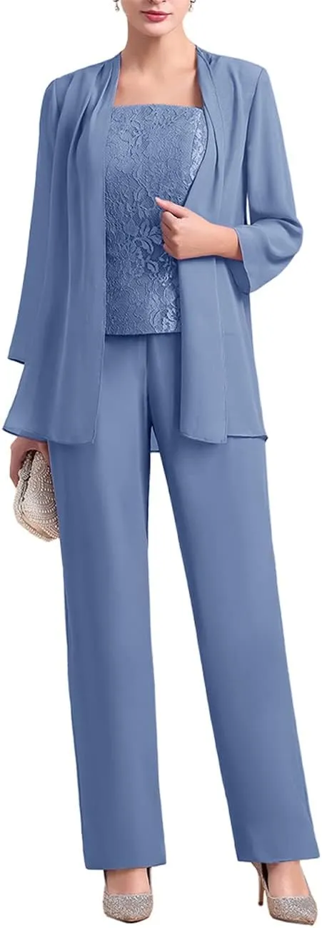 Zongqiven Women's Chiffon 3 Pcs Pants Suits Lace Mother of Bride Dress Sets Wedding Guest Formal Evening