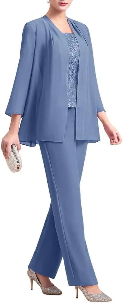 Zongqiven Women's Chiffon 3 Pcs Pants Suits Lace Mother of Bride Dress Sets Wedding Guest Formal Evening