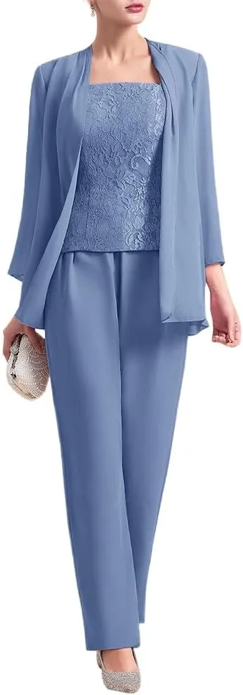 Zongqiven Women's Chiffon 3 Pcs Pants Suits Lace Mother of Bride Dress Sets Wedding Guest Formal Evening