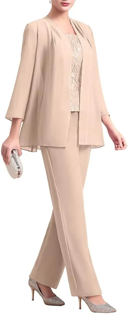 Zongqiven Women's Chiffon 3 Pcs Pants Suits Lace Mother of Bride Dress Sets Wedding Guest Formal Evening